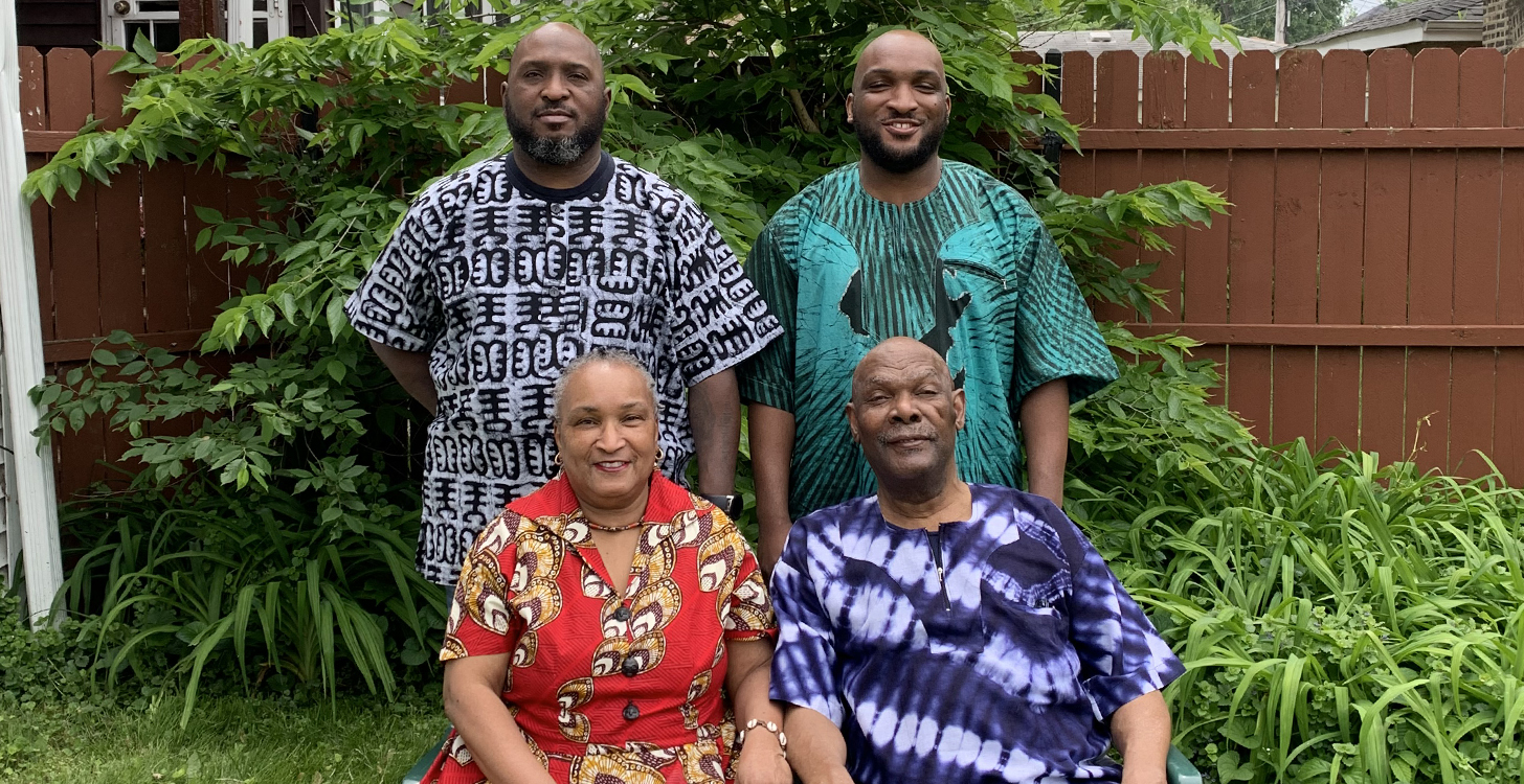 Alice Quaye with her family (l-r), sons, Lonnie and NiiAyi, and husband, Samuel (bottom right). (Inset) Alice as a police officer in 1983.